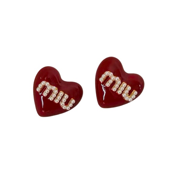 Miu Miu Red Pearl Embellished Heart Stud Earrings *AUTHENTIC* - Picture 2 of 3